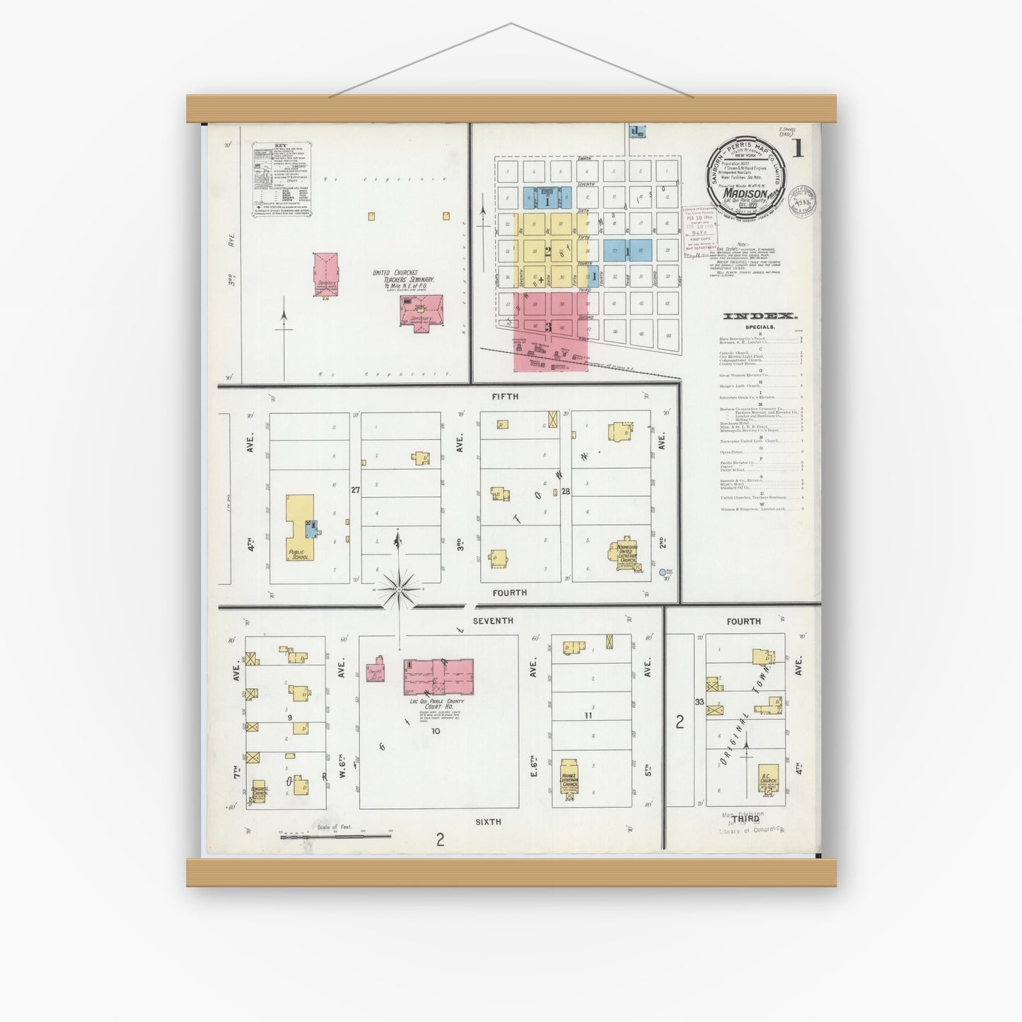 Old map wall art mockup — magnetic wood frame on white wall — Sanborn Fire Insurance Map from Madison, Lac Qui Parle County, Minnesota (1899), Sheet #0001