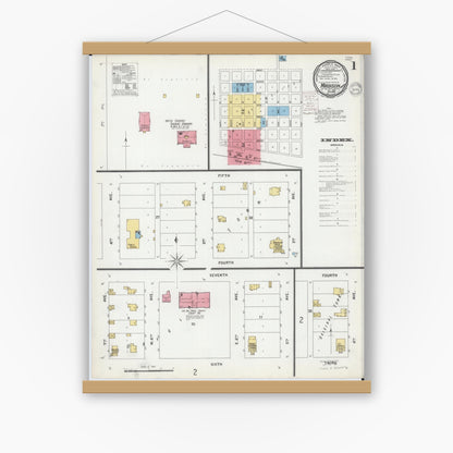 Old map wall art mockup — magnetic wood frame on white wall — Sanborn Fire Insurance Map from Madison, Lac Qui Parle County, Minnesota (1899), Sheet #0001