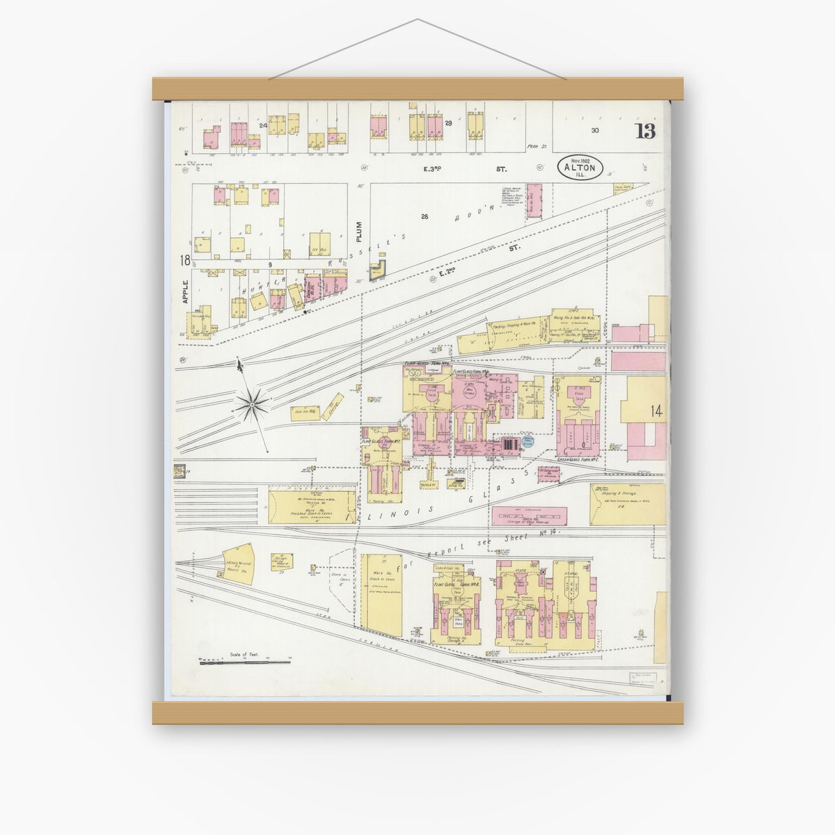 Old map wall art mockup — magnetic wood frame on white wall — Sanborn Fire Insurance Map from Alton, Madison County, Illinois (1902), Sheet #0013