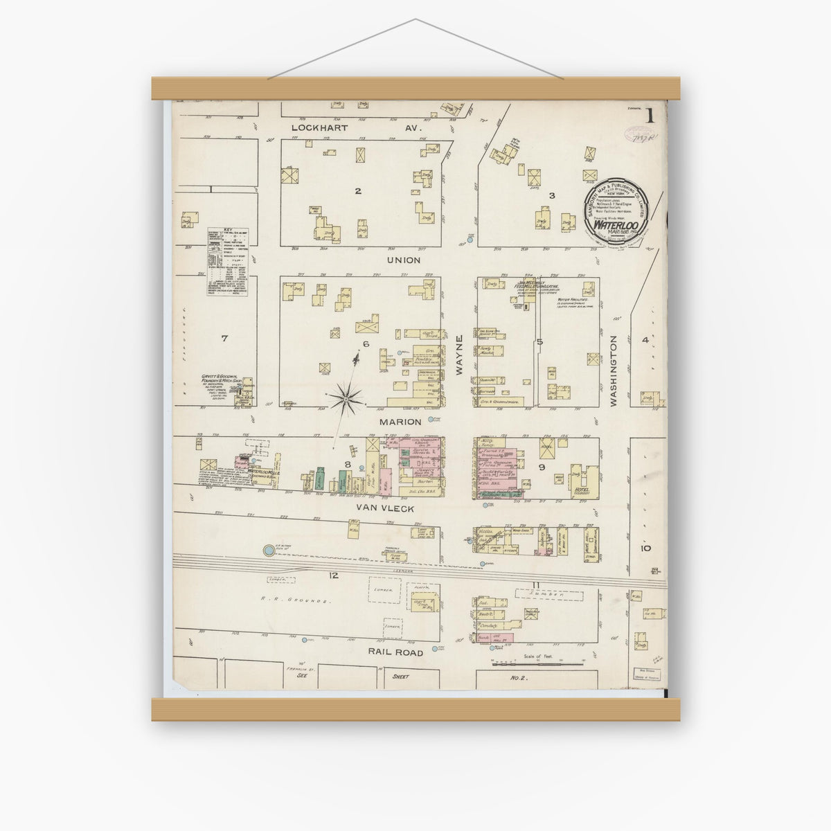 Old map wall art mockup — magnetic wood frame on white wall — Sanborn Fire Insurance Map from Waterloo, De Kalb County, Indiana (1886) - Complete Map Set