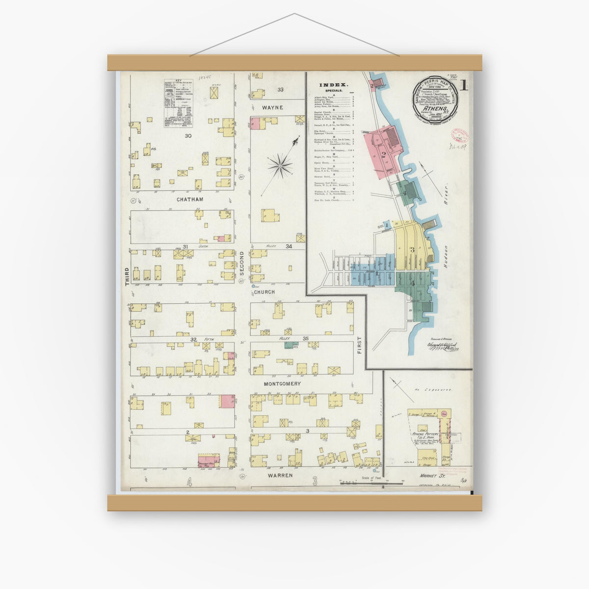 Old map wall art mockup — magnetic wood frame on white wall — Sanborn Fire Insurance Map from Athens, Greene County, New York (1895), Sheet #0001