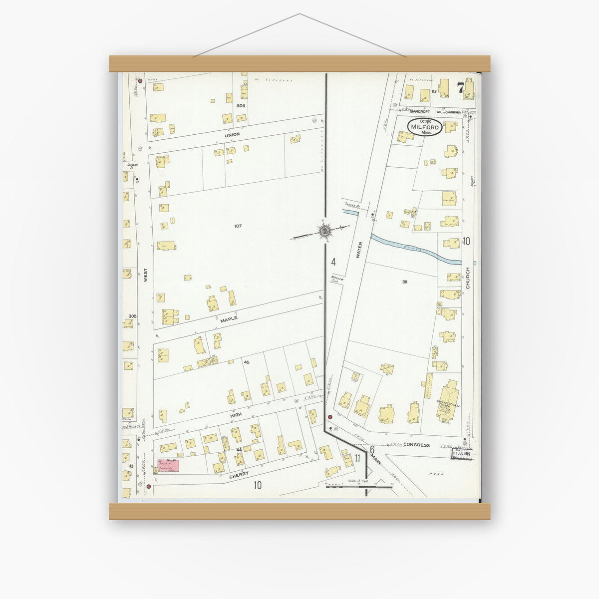Old map wall art mockup — magnetic wood frame on white wall — Sanborn Fire Insurance Map from Milford, Worcester County, Massachusetts (1910), Sheet #0007