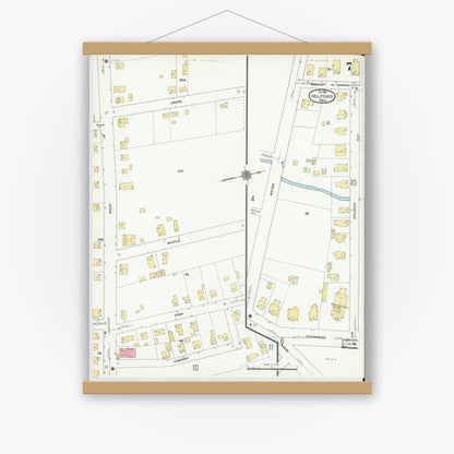 Old map wall art mockup — magnetic wood frame on white wall — Sanborn Fire Insurance Map from Milford, Worcester County, Massachusetts (1910), Sheet #0007