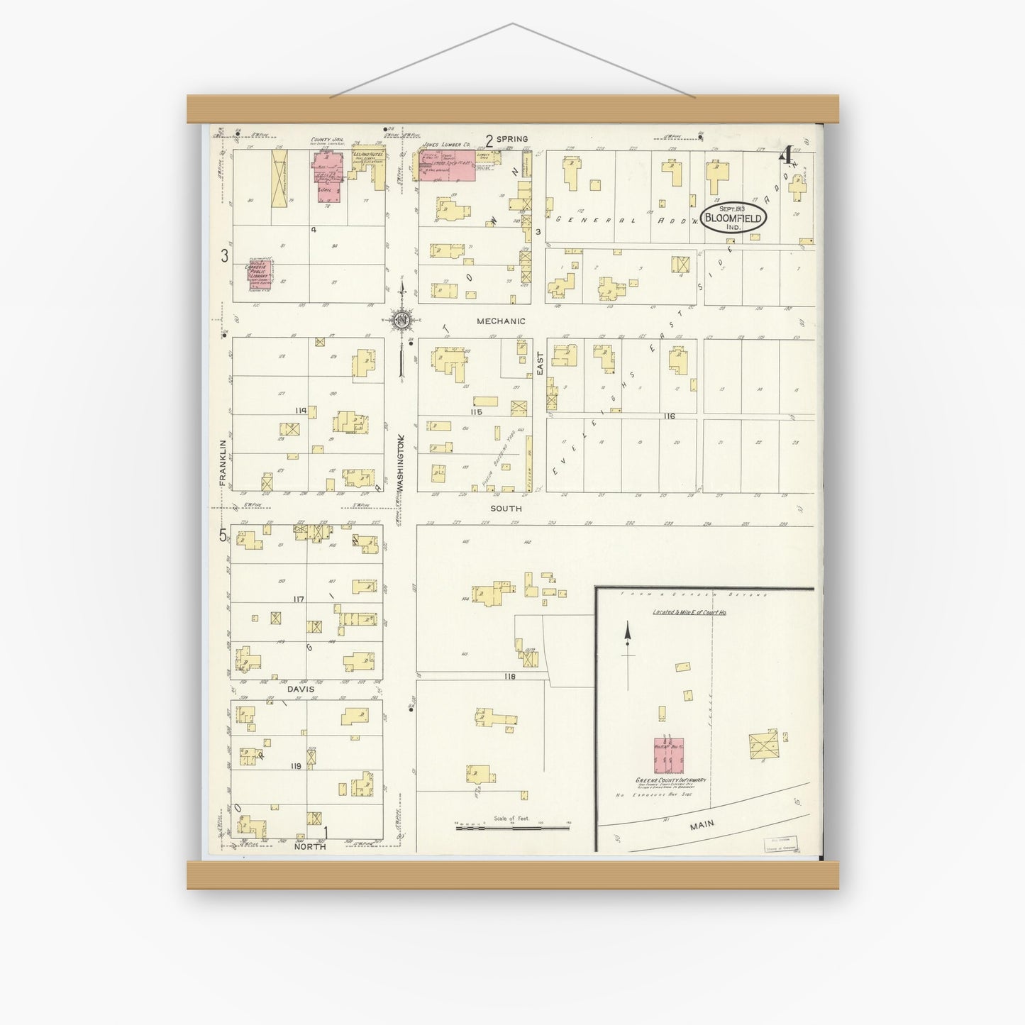 Old map wall art mockup — magnetic wood frame on white wall — Sanborn Fire Insurance Map from Bloomfield, Greene County, Indiana (1913), Sheet #0004