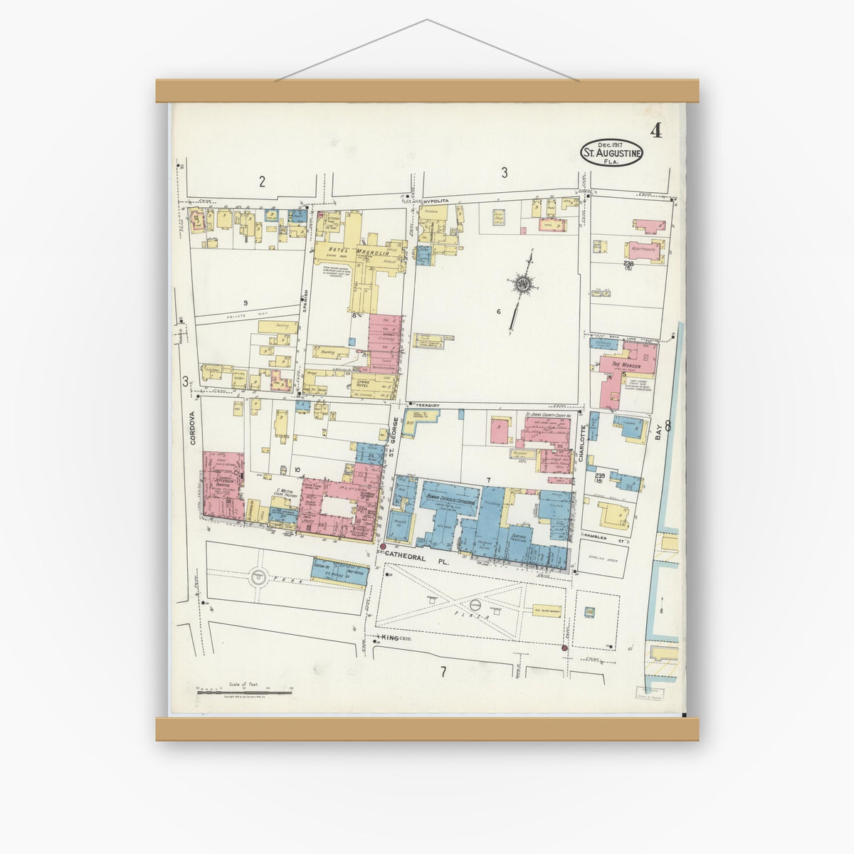 Old map wall art mockup — magnetic wood frame on white wall — Sanborn Fire Insurance Map from Saint Augustine, Saint John's County, Florida (1917), Sheet #0004