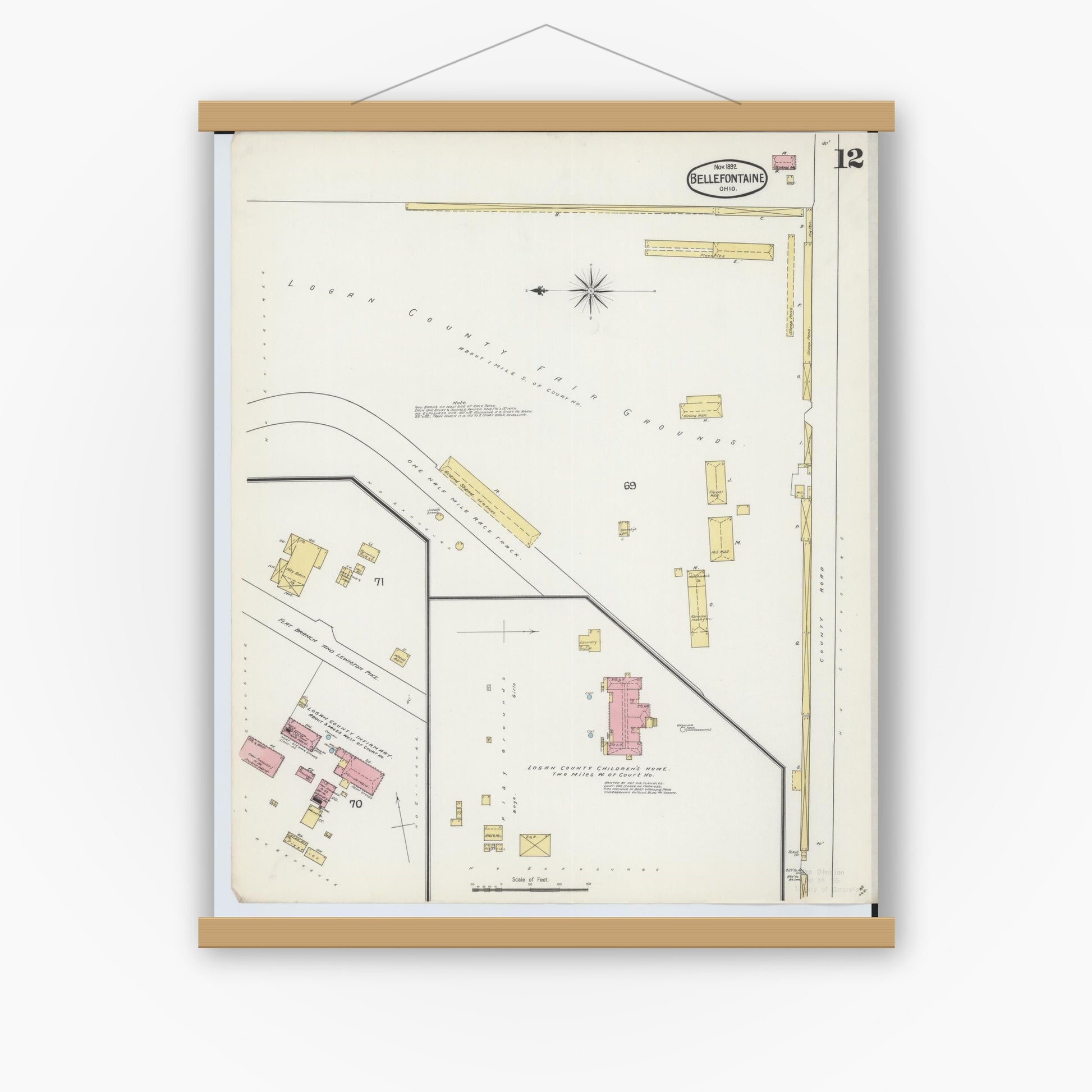 Old map wall art mockup — magnetic wood frame on white wall — Sanborn Fire Insurance Map from Bellefontaine, Logan County, Ohio (1892), Sheet #0012