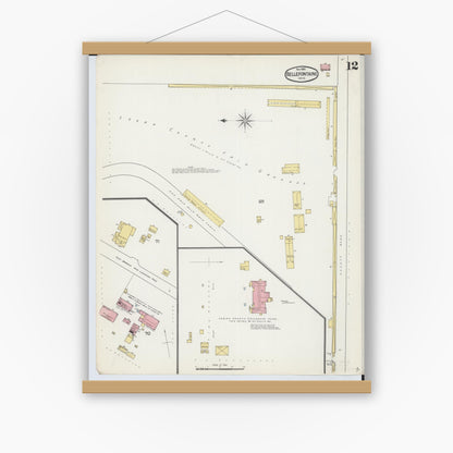 Old map wall art mockup — magnetic wood frame on white wall — Sanborn Fire Insurance Map from Bellefontaine, Logan County, Ohio (1892), Sheet #0012
