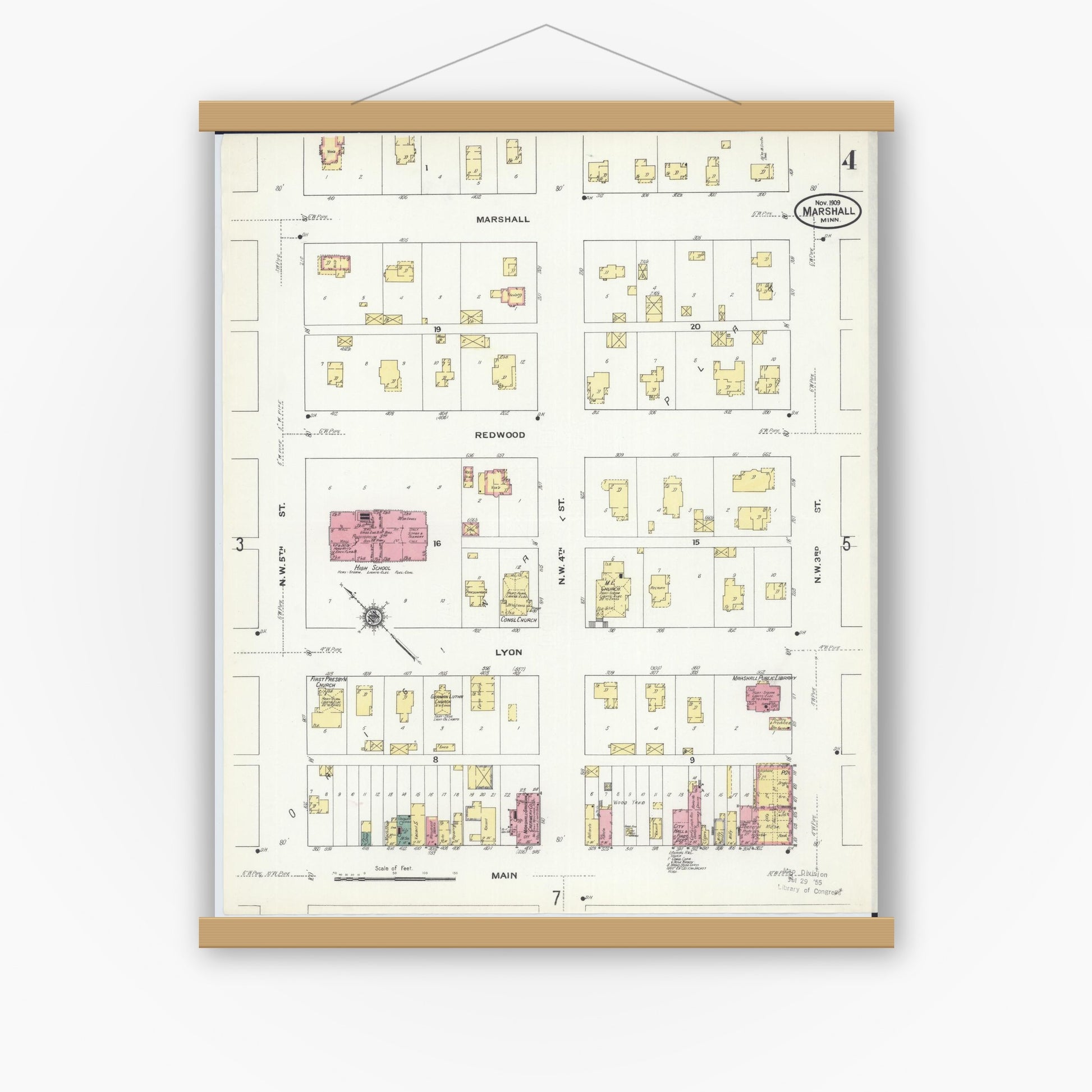 Old map wall art mockup — magnetic wood frame on white wall — Sanborn Fire Insurance Map from Marshall, Lyon County, Minnesota (1909), Sheet #0004