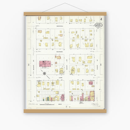 Old map wall art mockup — magnetic wood frame on white wall — Sanborn Fire Insurance Map from Marshall, Lyon County, Minnesota (1909), Sheet #0004
