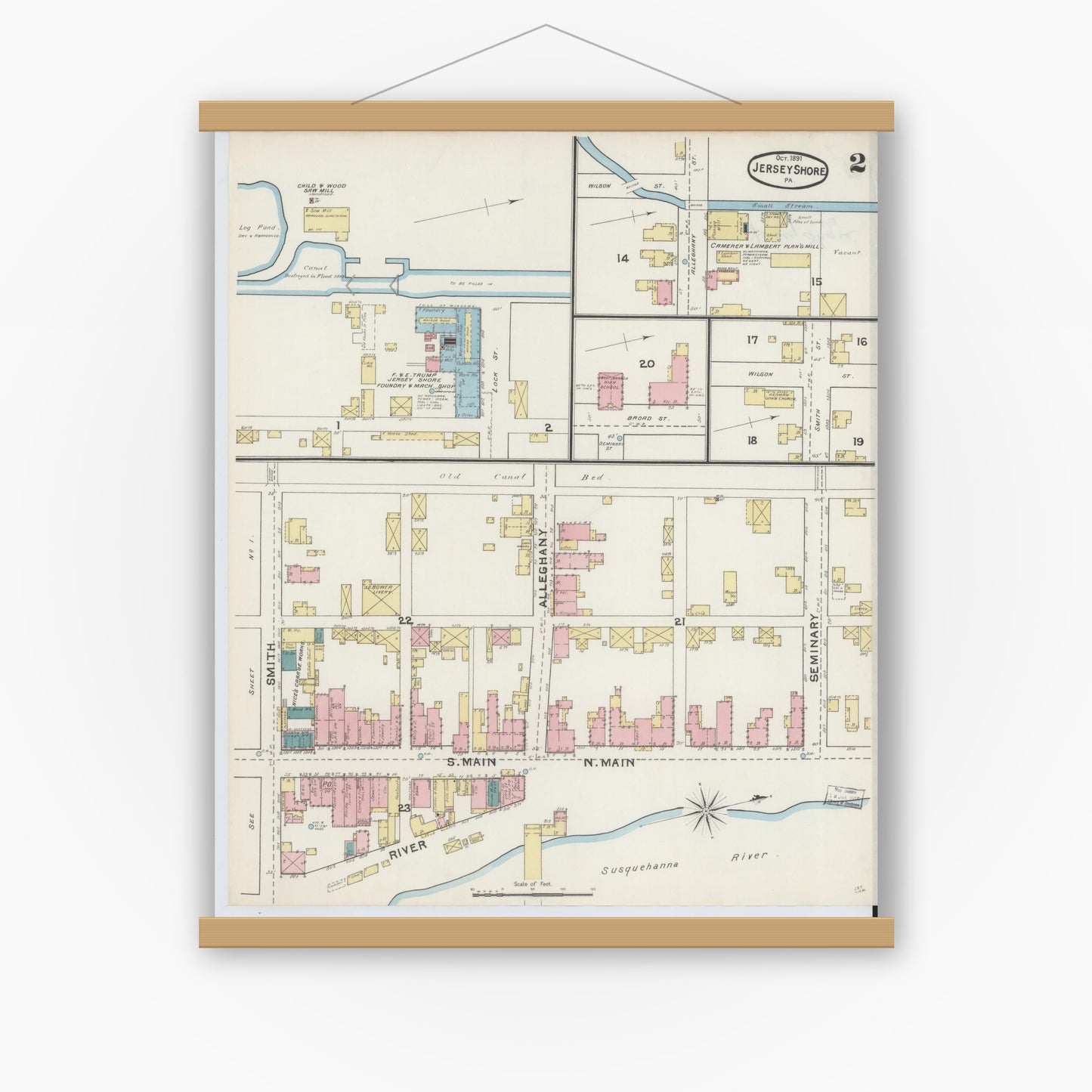 Old map wall art mockup — magnetic wood frame on white wall — Sanborn Fire Insurance Map from Jersey Shore, Lycoming County, Pennsylvania (1891), Sheet #0002