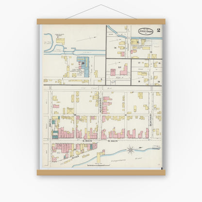 Old map wall art mockup — magnetic wood frame on white wall — Sanborn Fire Insurance Map from Jersey Shore, Lycoming County, Pennsylvania (1891), Sheet #0002