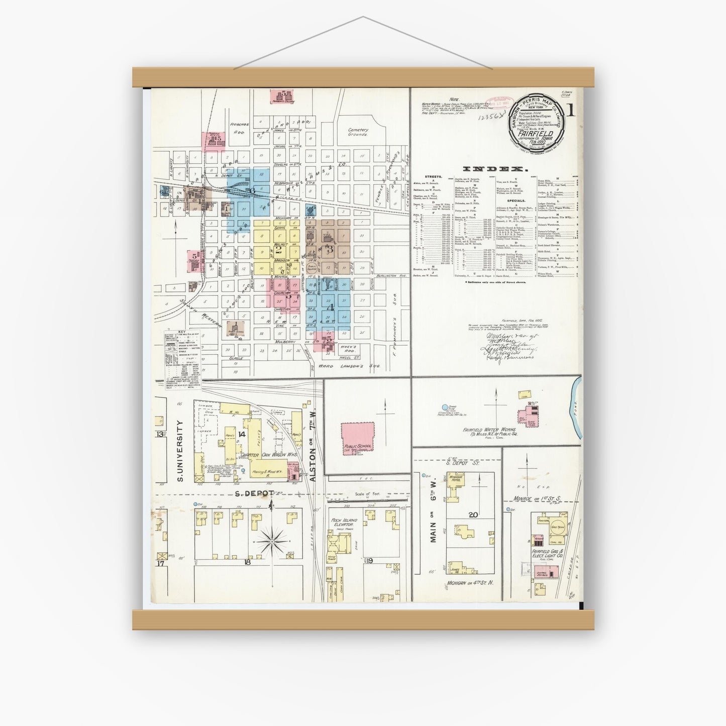 Old map wall art mockup — magnetic wood frame on white wall — Sanborn Fire Insurance Map from Fairfield, Jefferson County, Iowa (1892), Sheet #0001