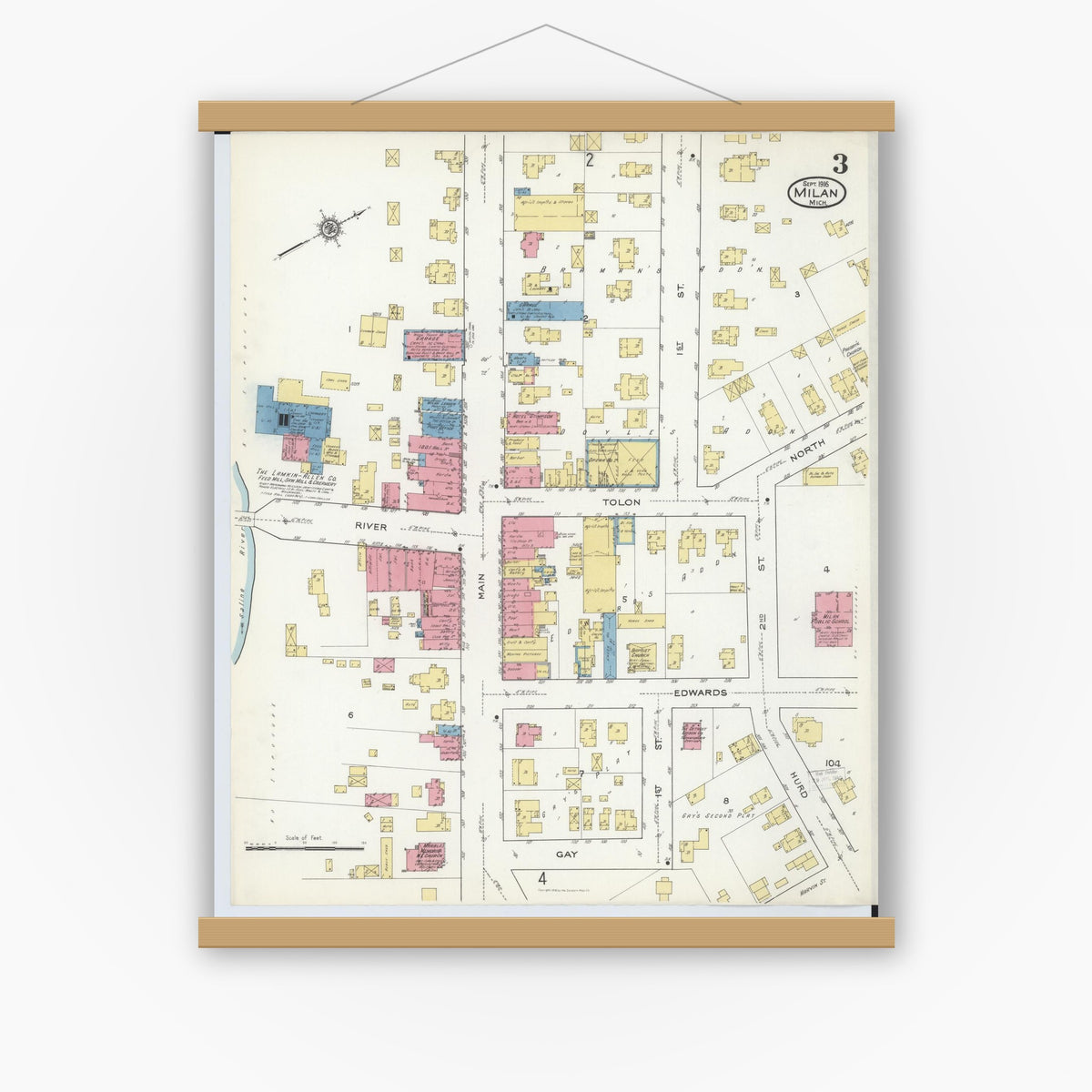 Old map wall art mockup — magnetic wood frame on white wall — Sanborn Fire Insurance Map from Milan, Washtenaw And Monroe Counties, Michigan (1916), Sheet #0003