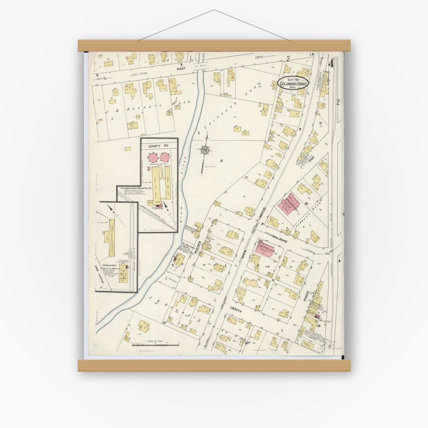 Old map wall art mockup — magnetic wood frame on white wall — Sanborn Fire Insurance Map from Columbus Grove, Putnam County, Ohio (1911), Sheet #0004