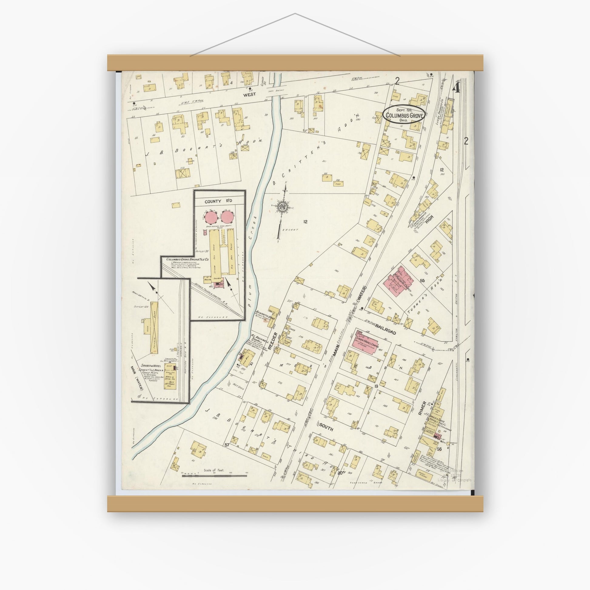 Old map wall art mockup — magnetic wood frame on white wall — Sanborn Fire Insurance Map from Columbus Grove, Putnam County, Ohio (1911), Sheet #0004
