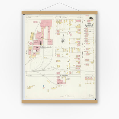 Old map wall art mockup — magnetic wood frame on white wall — Sanborn Fire Insurance Map from Chillicothe, Ross County, Ohio (1909), Sheet #0036