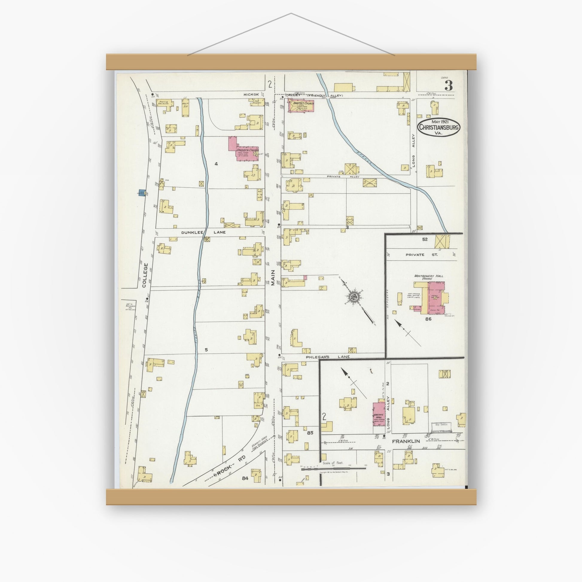 Old map wall art mockup — magnetic wood frame on white wall — Sanborn Fire Insurance Map from Christiansburg, Montgomery County, Virginia (1921), Sheet #0003