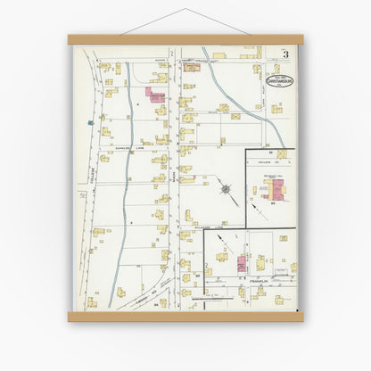Old map wall art mockup — magnetic wood frame on white wall — Sanborn Fire Insurance Map from Christiansburg, Montgomery County, Virginia (1921), Sheet #0003