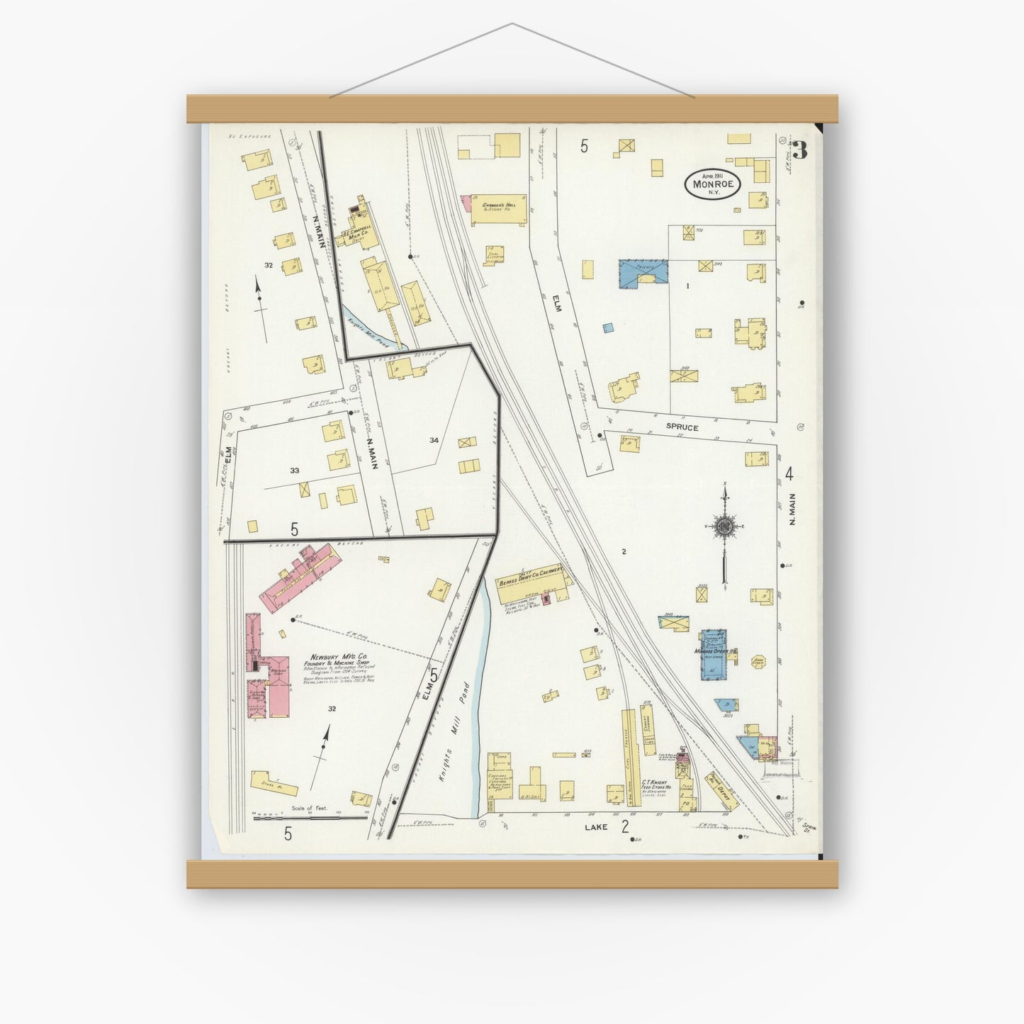Old map wall art mockup — magnetic wood frame on white wall — Sanborn Fire Insurance Map from Monroe, Orange County, New York (1911), Sheet #0003