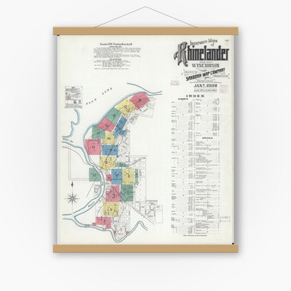 Old map wall art mockup — magnetic wood frame on white wall — Sanborn Fire Insurance Map from Rhinelander, Oneida County, Wisconsin (1908) - Complete Map Set