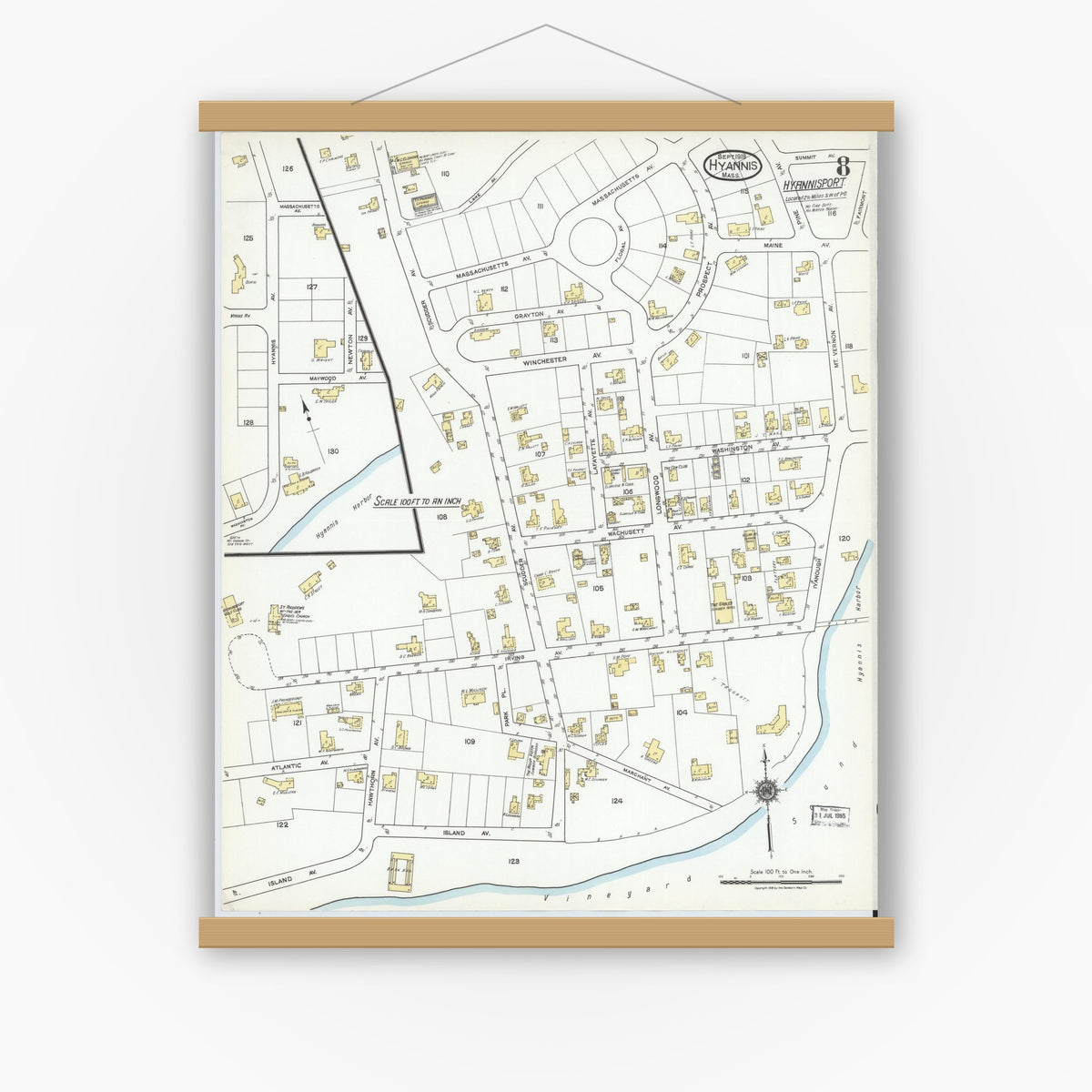Old map wall art mockup — magnetic wood frame on white wall — Sanborn Fire Insurance Map from Hyannis, Barnstable County, Massachusetts (1919), Sheet #0008