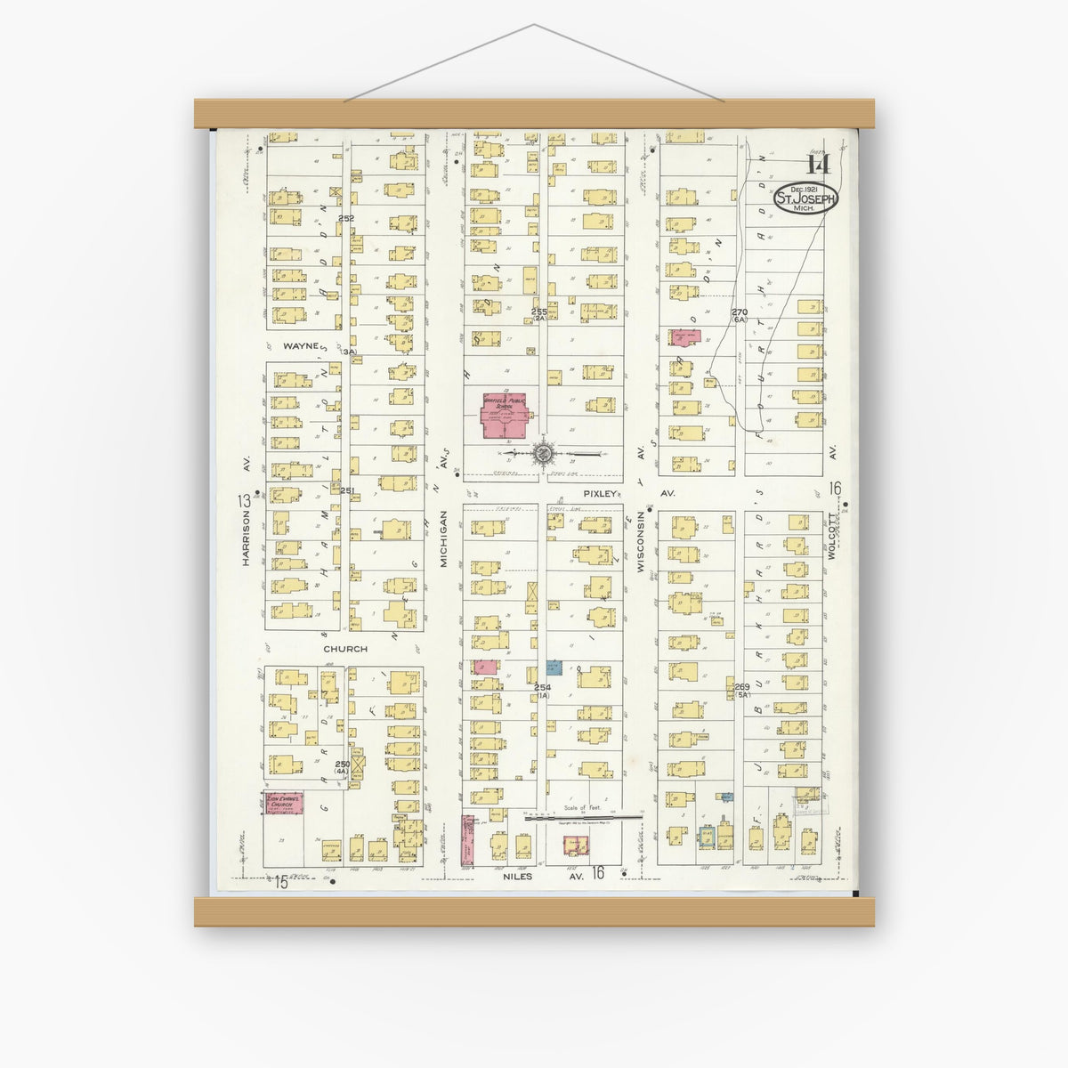 Old map wall art mockup — magnetic wood frame on white wall — Sanborn Fire Insurance Map from Saint Joseph, Berrien County, Michigan (1921), Sheet #0014