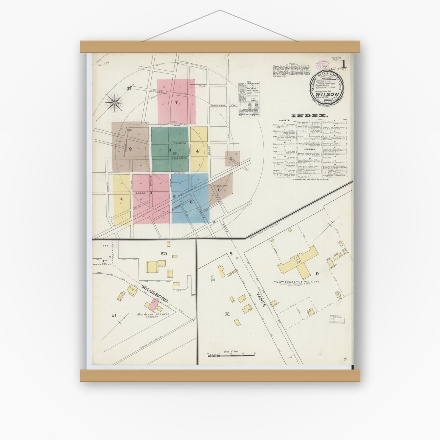Old map wall art mockup — magnetic wood frame on white wall — Sanborn Fire Insurance Map from Wilson, Wilson County, North Carolina (1893) - Complete Map Set