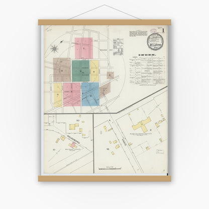 Old map wall art mockup — magnetic wood frame on white wall — Sanborn Fire Insurance Map from Wilson, Wilson County, North Carolina (1893) - Complete Map Set
