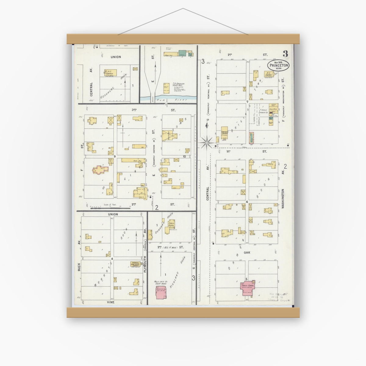 Old map wall art mockup — magnetic wood frame on white wall — Sanborn Fire Insurance Map from Princeton, Mille Lacs County, Minnesota (1899), Sheet #0003