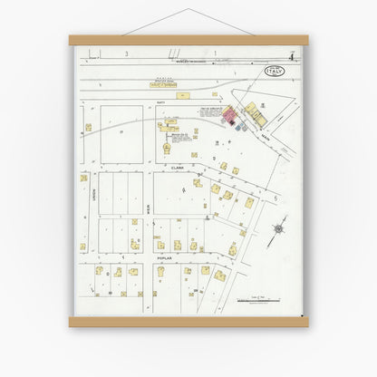 Old map wall art mockup — magnetic wood frame on white wall — Sanborn Fire Insurance Map from Italy, Ellis County, Texas (1921), Sheet #0004