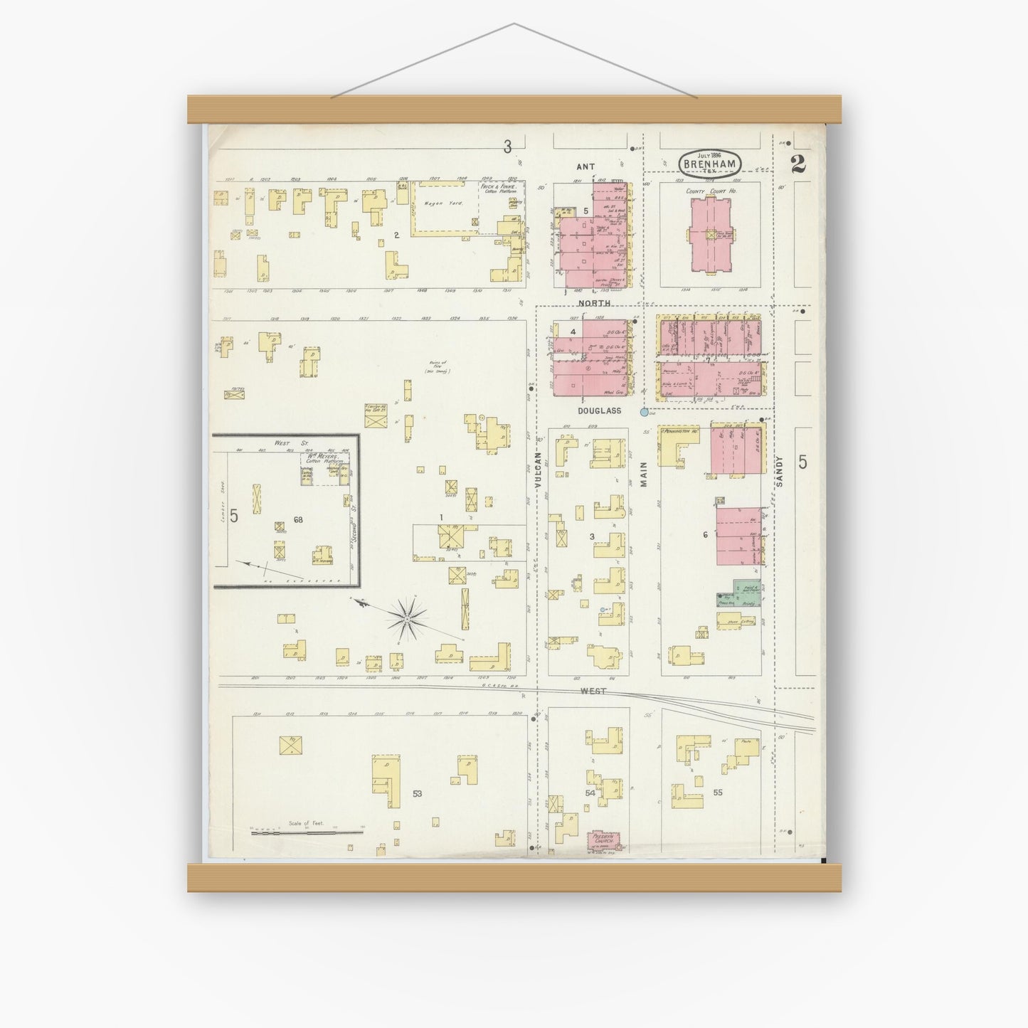 Old map wall art mockup — magnetic wood frame on white wall — Sanborn Fire Insurance Map from Brenham, Washington County, Texas (1896), Sheet #0002