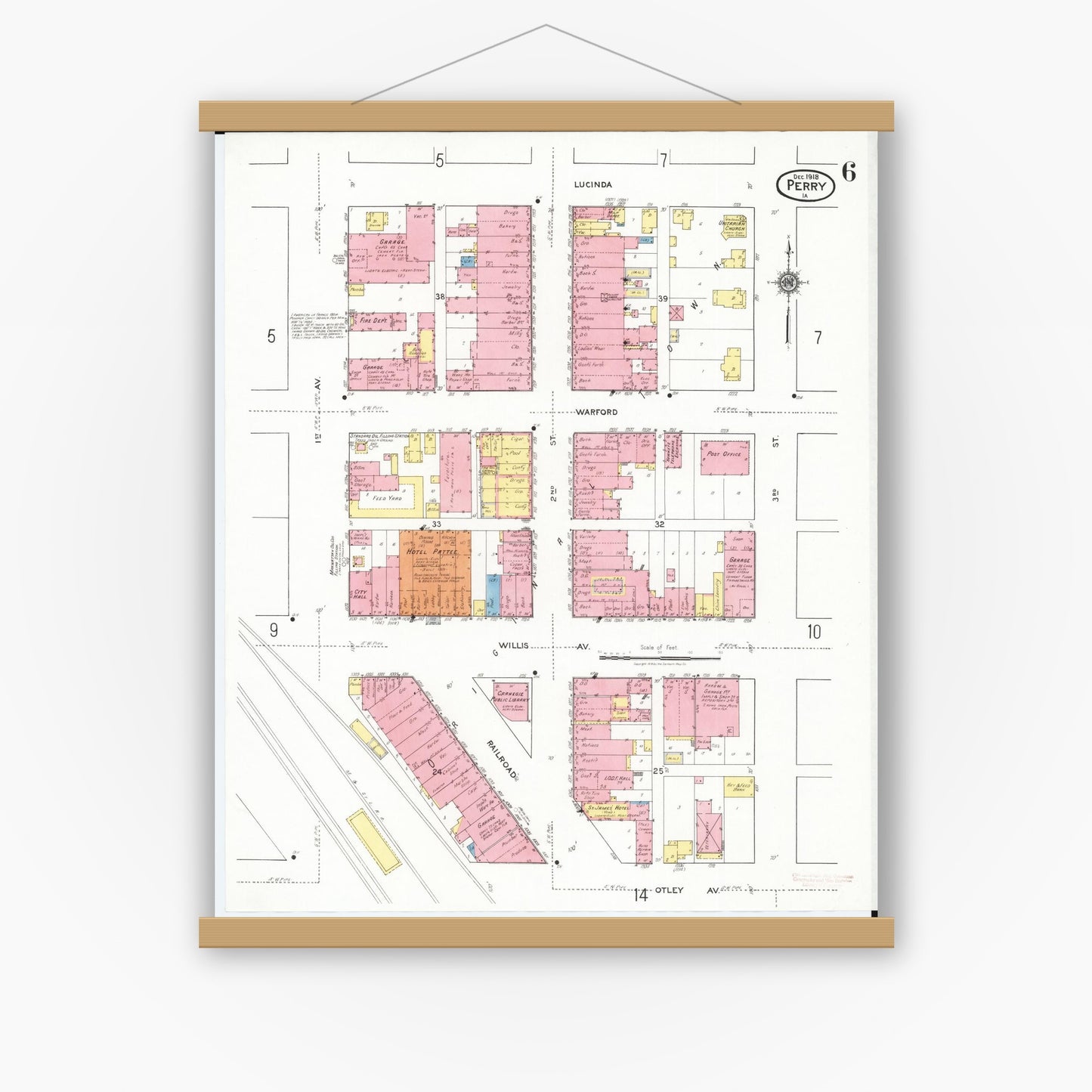 Old map wall art mockup — magnetic wood frame on white wall — Sanborn Fire Insurance Map from Perry, Dallas County, Iowa (1918), Sheet #0006