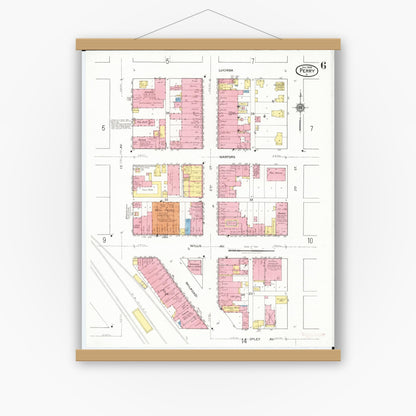 Old map wall art mockup — magnetic wood frame on white wall — Sanborn Fire Insurance Map from Perry, Dallas County, Iowa (1918), Sheet #0006