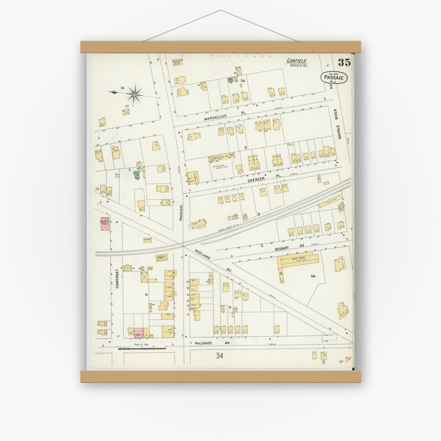 Old map wall art mockup — magnetic wood frame on white wall — Sanborn Fire Insurance Map from Passaic, Passaic County, New Jersey (1903), Sheet #0035