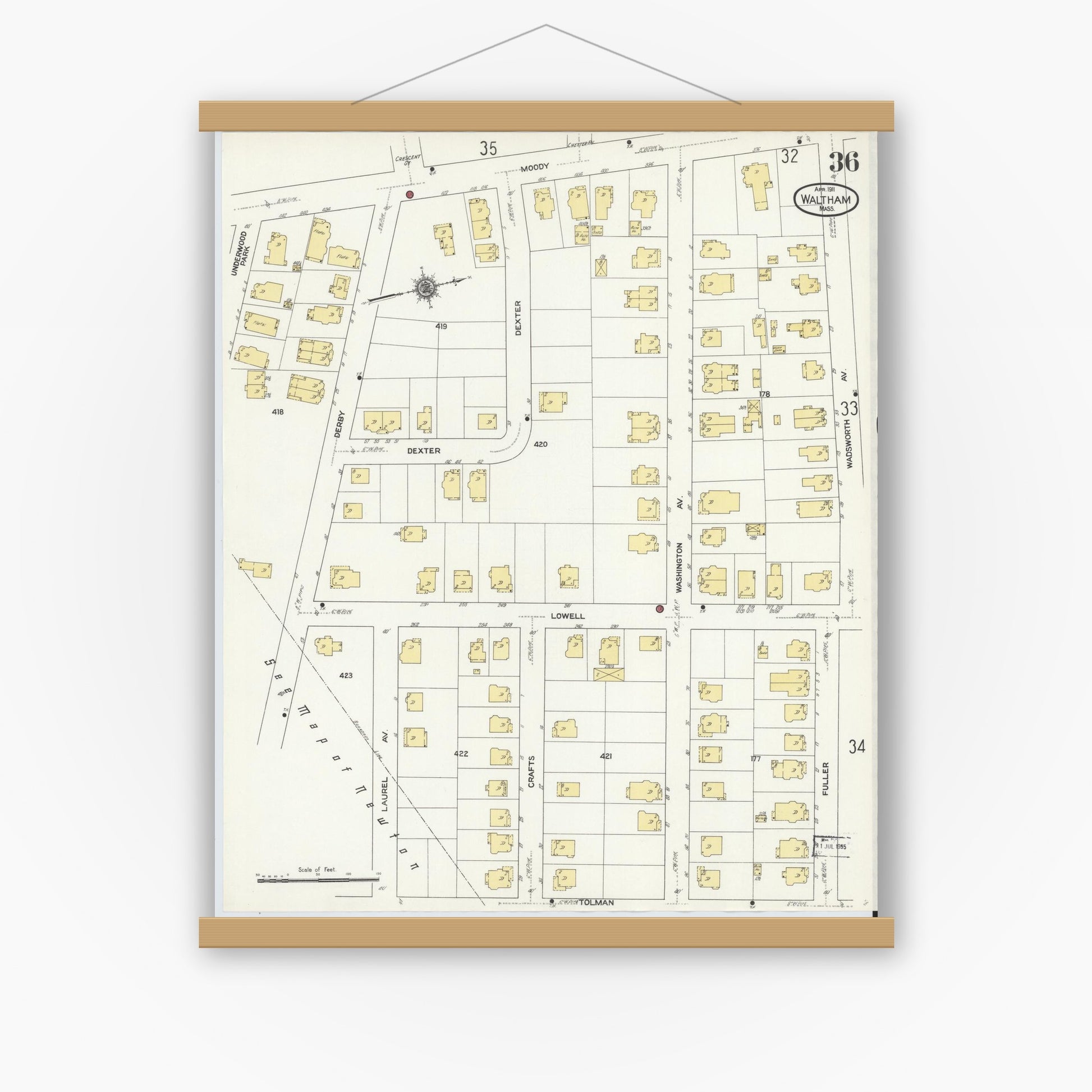Old map wall art mockup — magnetic wood frame on white wall — Sanborn Fire Insurance Map from Waltham, Middlesex County, Massachusetts (1911), Sheet #0036