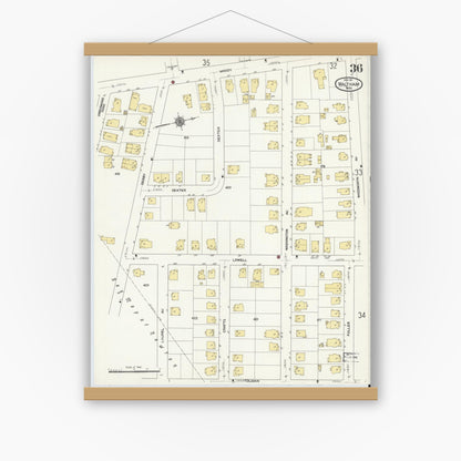 Old map wall art mockup — magnetic wood frame on white wall — Sanborn Fire Insurance Map from Waltham, Middlesex County, Massachusetts (1911), Sheet #0036