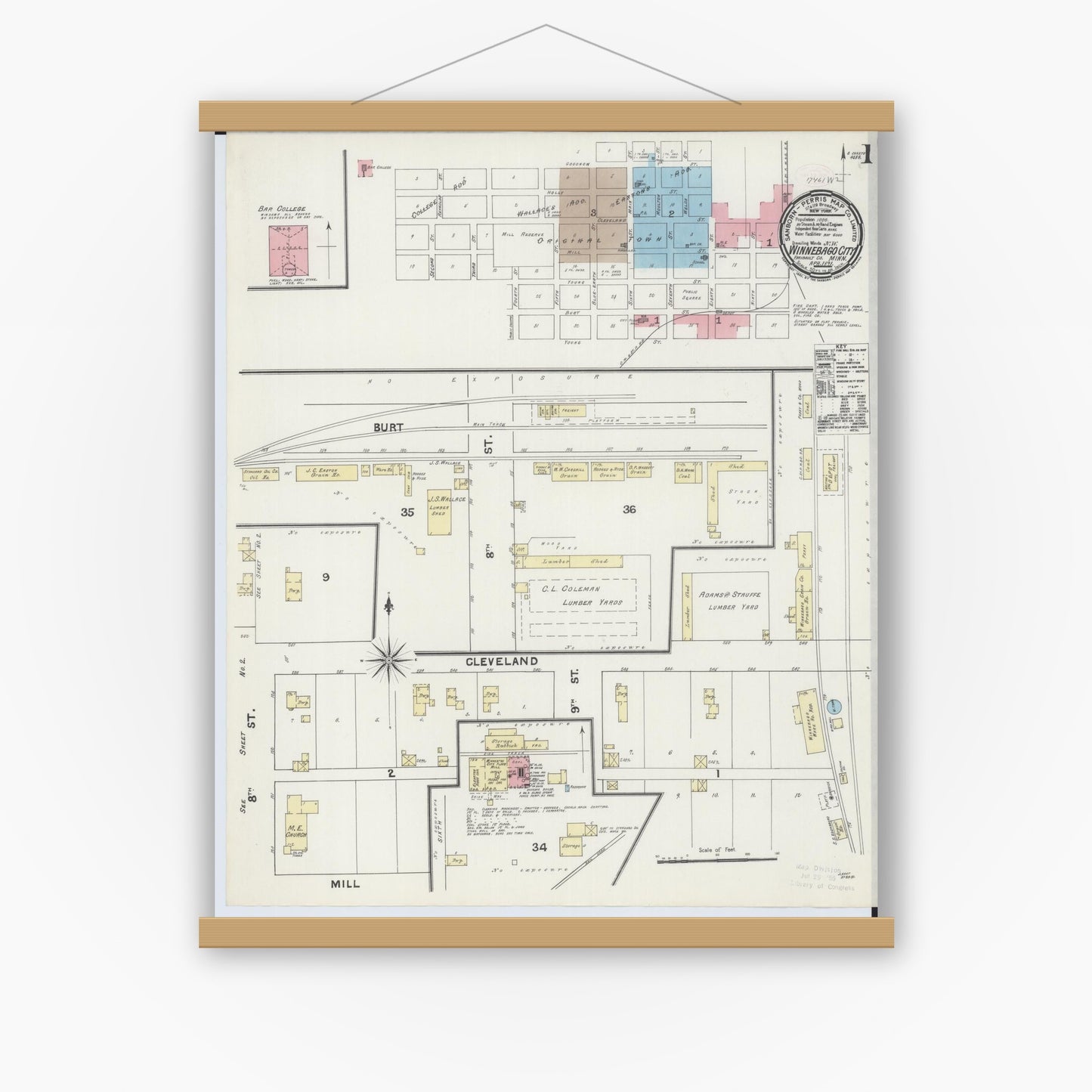 Old map wall art mockup — magnetic wood frame on white wall — Sanborn Fire Insurance Map from Winnebago, Faribault County, Minnesota (1891) - Complete Map Set