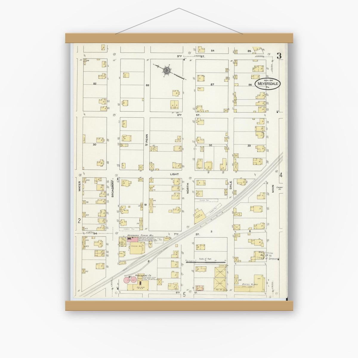 Old map wall art mockup — magnetic wood frame on white wall — Sanborn Fire Insurance Map from Meyersdale, Somerset County, Pennsylvania (1910), Sheet #0003