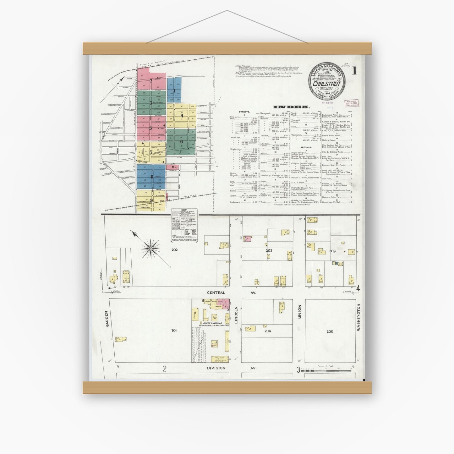 Old map wall art mockup — magnetic wood frame on white wall — Sanborn Fire Insurance Map from Carlstadt, Bergen County, New Jersey (1909) - Complete Map Set