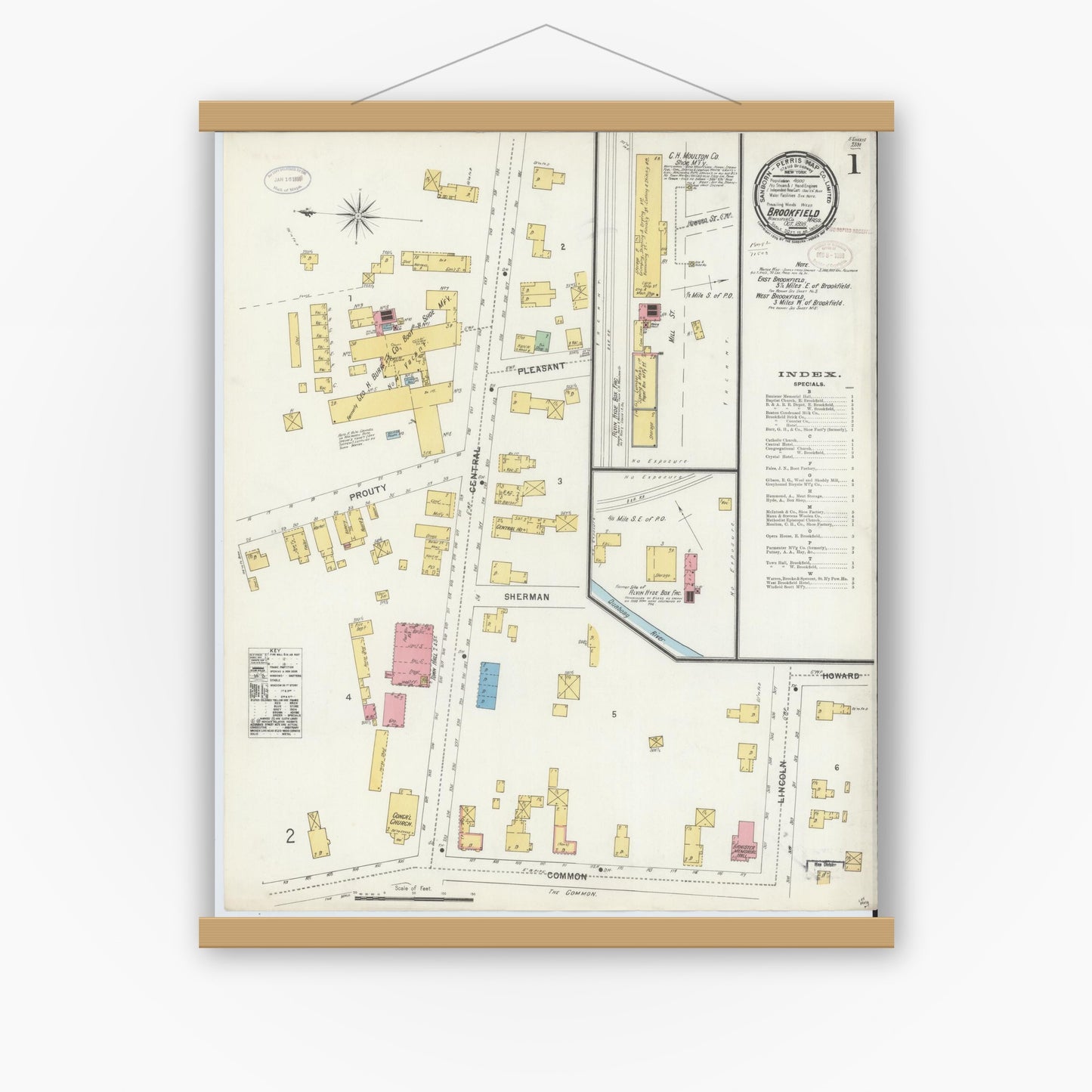 Old map wall art mockup — magnetic wood frame on white wall — Sanborn Fire Insurance Map from Brookfield, Worcester County, Massachusetts (1898), Sheet #0001