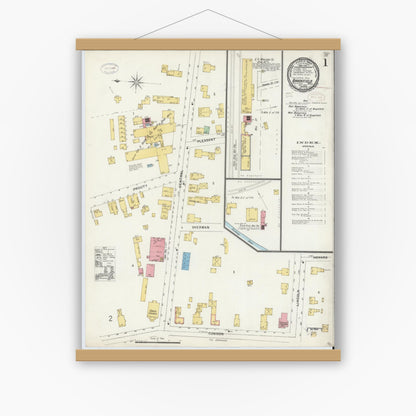 Old map wall art mockup — magnetic wood frame on white wall — Sanborn Fire Insurance Map from Brookfield, Worcester County, Massachusetts (1898), Sheet #0001