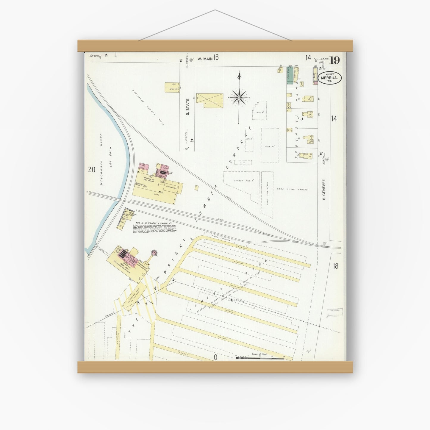 Old map wall art mockup — magnetic wood frame on white wall — Sanborn Fire Insurance Map from Merrill, Lincoln County, Wisconsin (1907), Sheet #0019