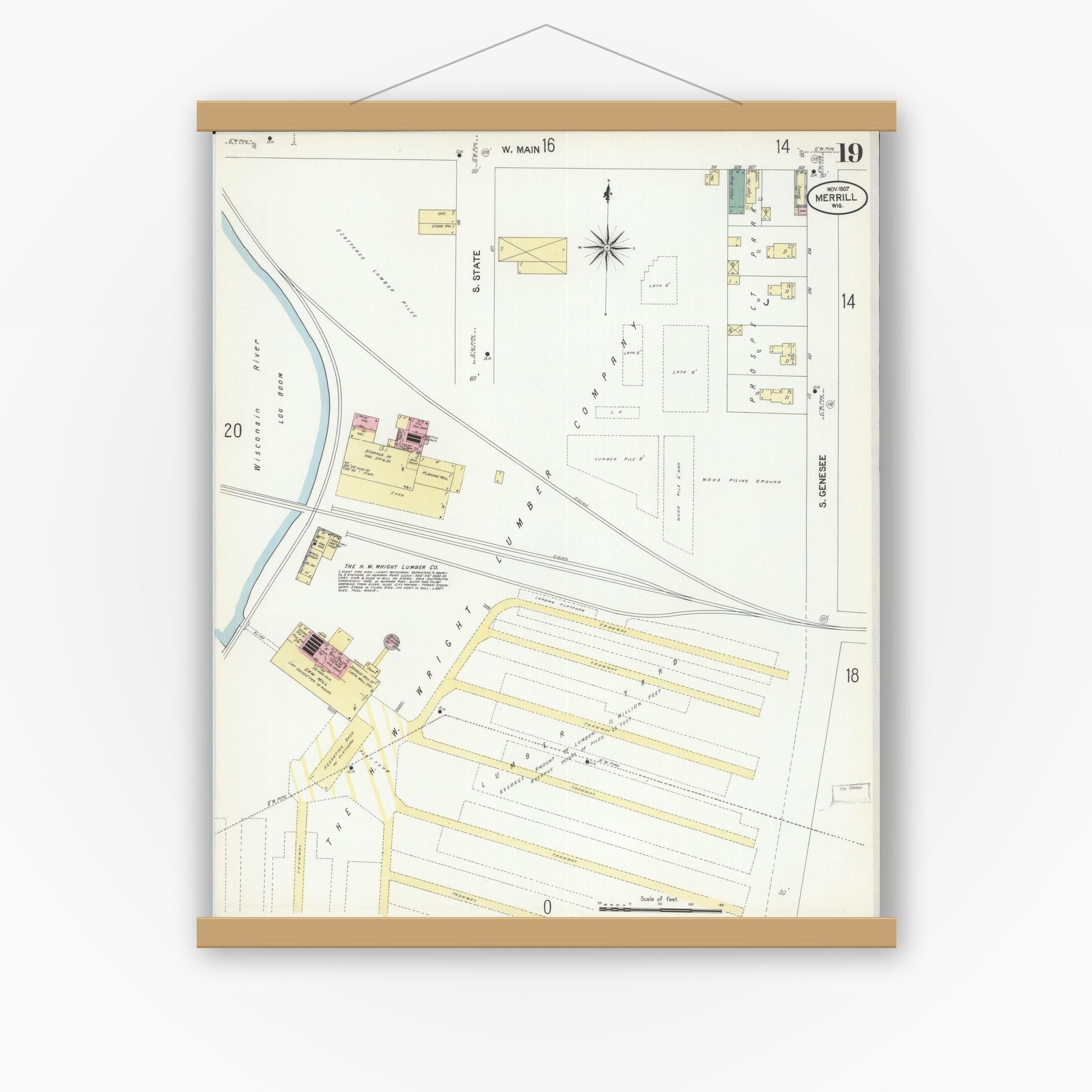 Old map wall art mockup — magnetic wood frame on white wall — Sanborn Fire Insurance Map from Merrill, Lincoln County, Wisconsin (1907), Sheet #0019