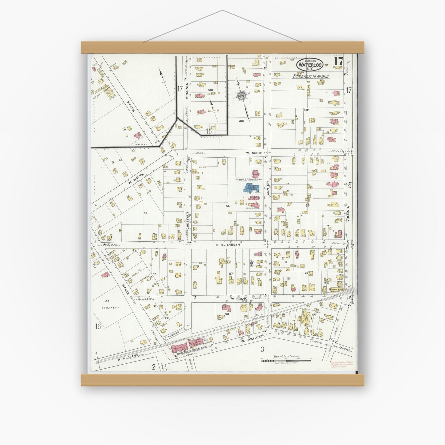 Old map wall art mockup — magnetic wood frame on white wall — Sanborn Fire Insurance Map from Waterloo, Seneca County, New York (1918), Sheet #0017