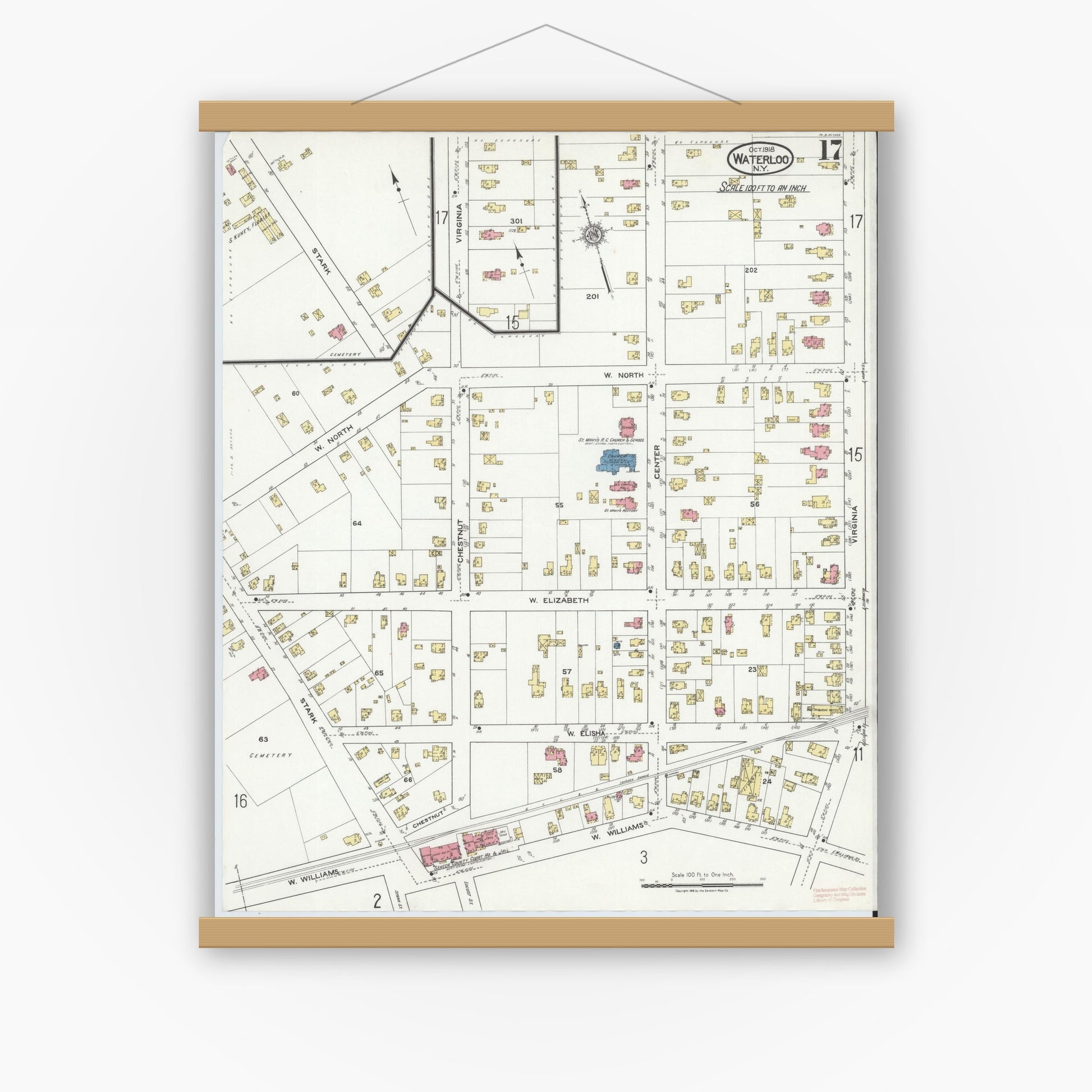 Old map wall art mockup — magnetic wood frame on white wall — Sanborn Fire Insurance Map from Waterloo, Seneca County, New York (1918), Sheet #0017