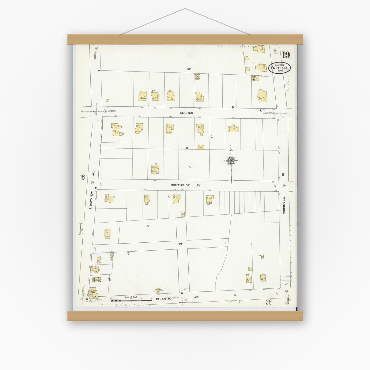 Old map wall art mockup — magnetic wood frame on white wall — Sanborn Fire Insurance Map from Freeport, Nassau County, New York (1910), Sheet #0019