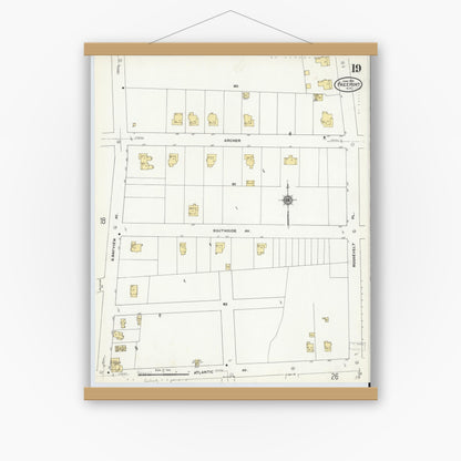 Old map wall art mockup — magnetic wood frame on white wall — Sanborn Fire Insurance Map from Freeport, Nassau County, New York (1910), Sheet #0019