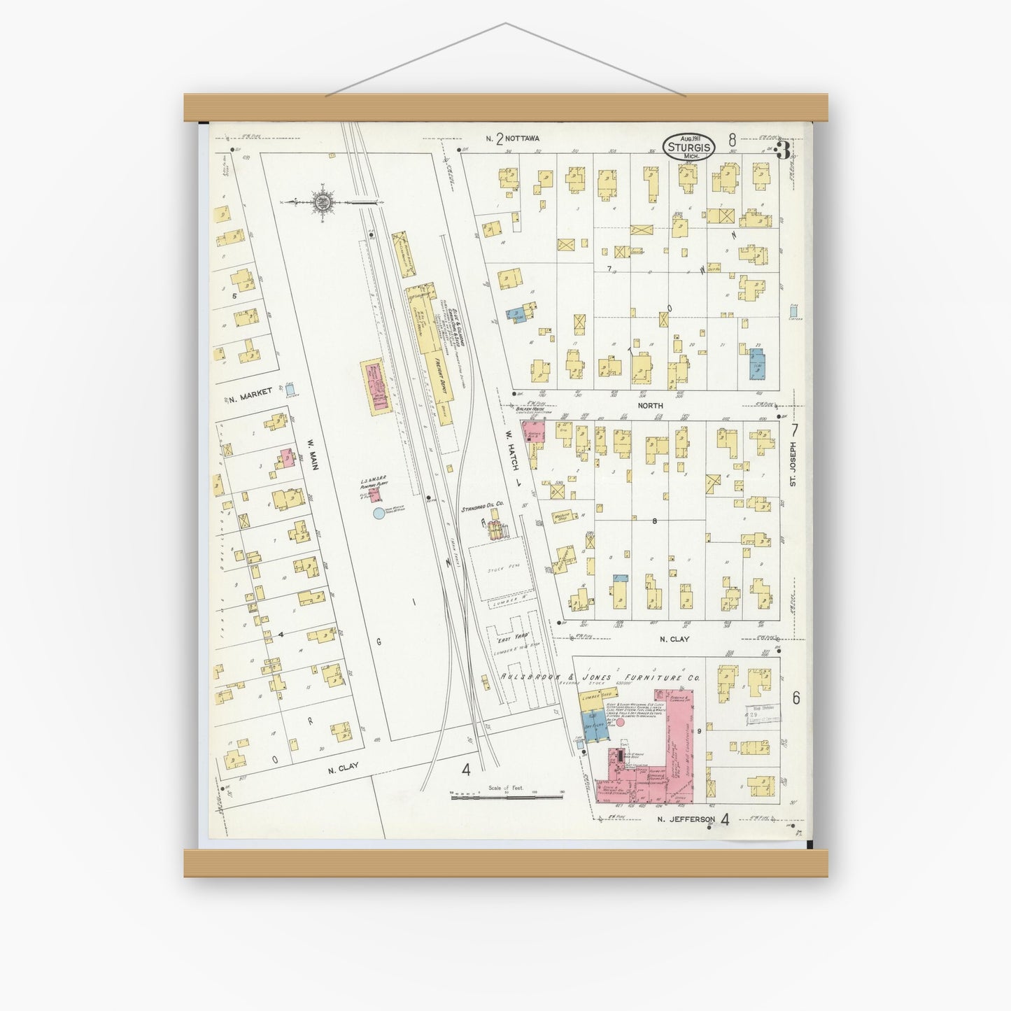 Old map wall art mockup — magnetic wood frame on white wall — Sanborn Fire Insurance Map from Sturgis, Saint Joseph County, Michigan (1911), Sheet #0003