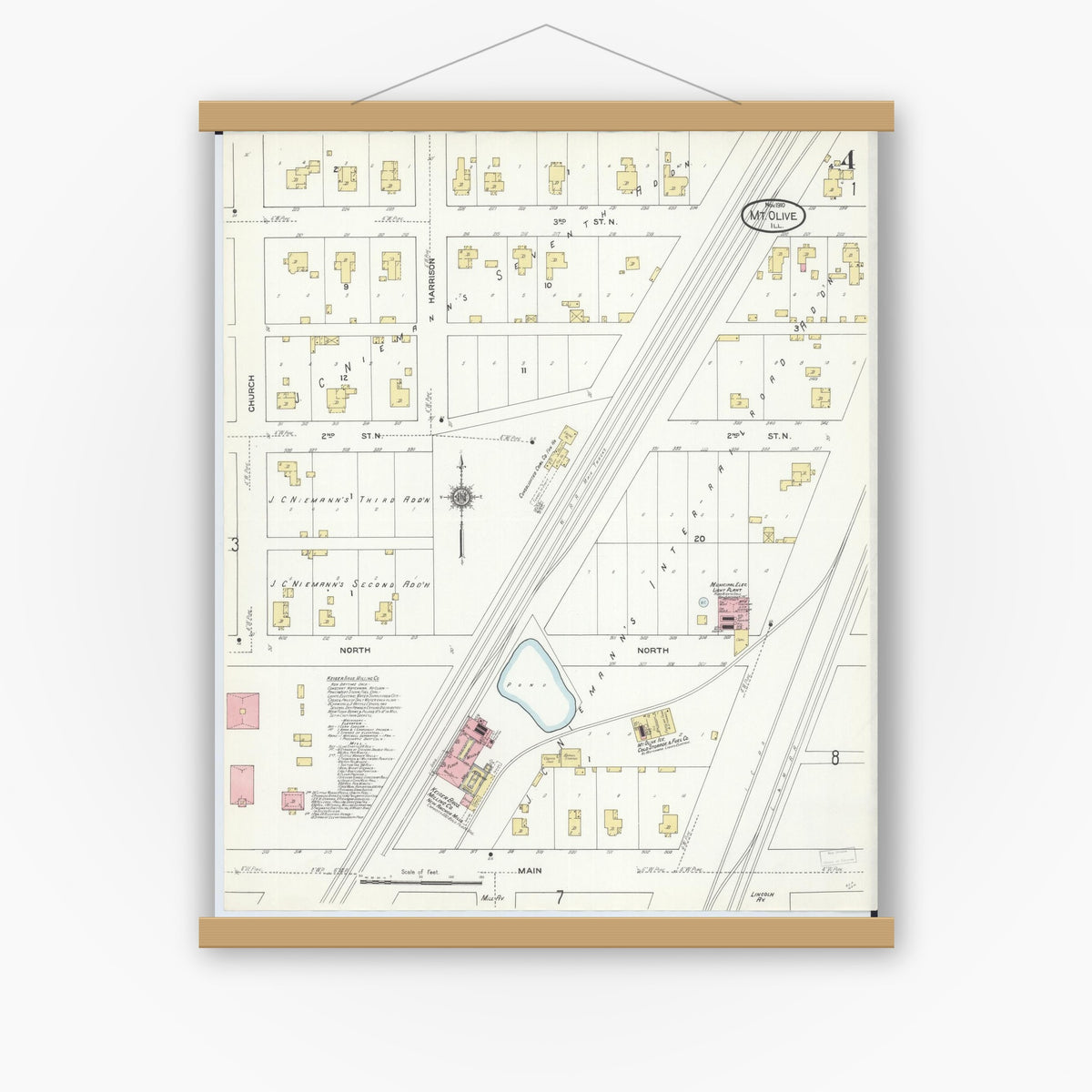Old map wall art mockup — magnetic wood frame on white wall — Sanborn Fire Insurance Map from Mount Olive, Macoupin County, Illinois (1910), Sheet #0004