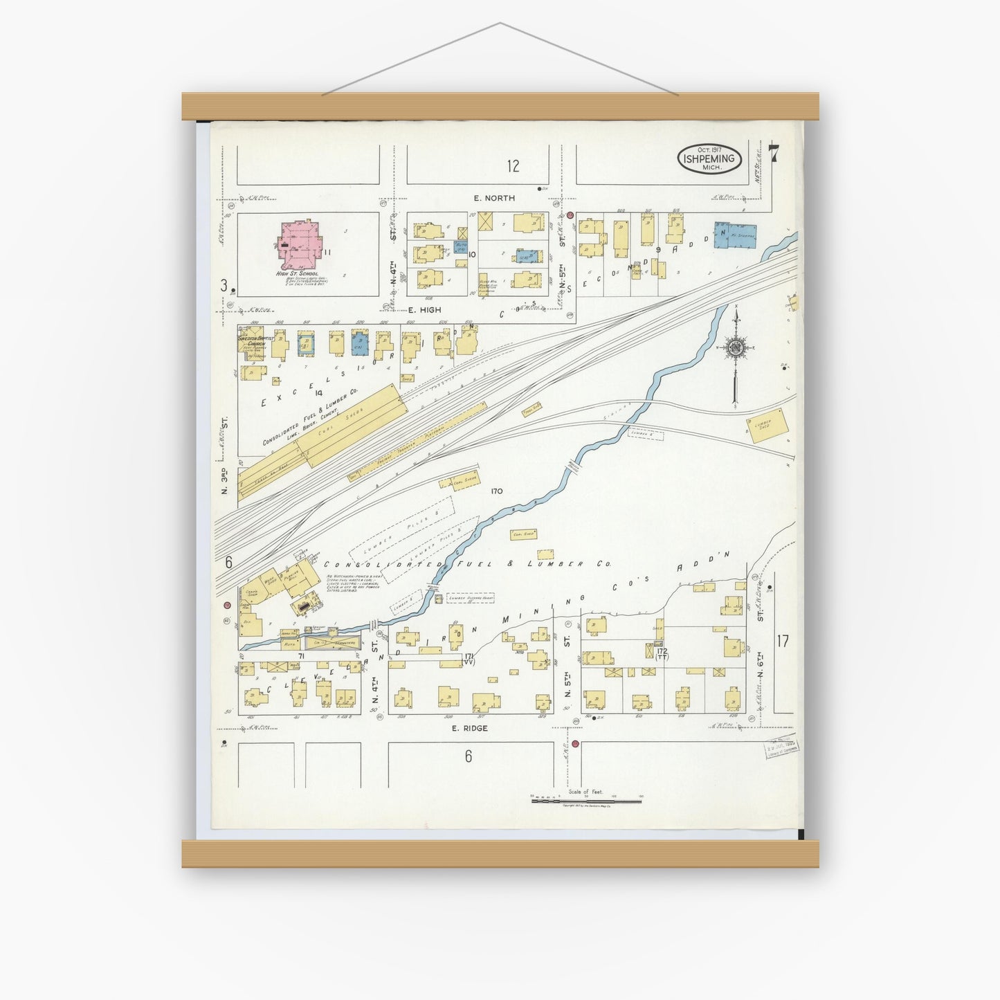 Old map wall art mockup — magnetic wood frame on white wall — Sanborn Fire Insurance Map from Ishpeming, Marquette County, Michigan (1917), Sheet #0007